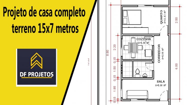 Projeto de casa completo terreno 15×7 metros